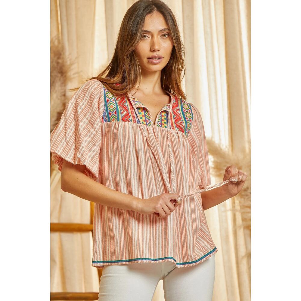 Savanna Jane Embroidered Blouse Womens 1X Plus Aztec Stripes
